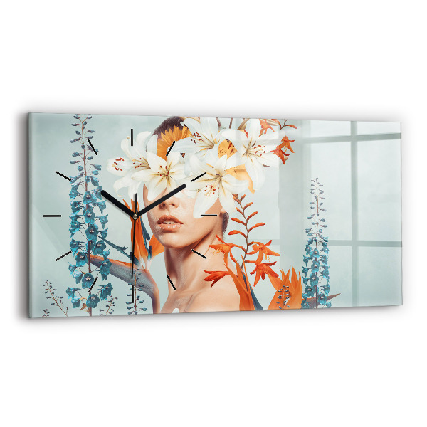 Glass wall clock rectangular Woman with flowers