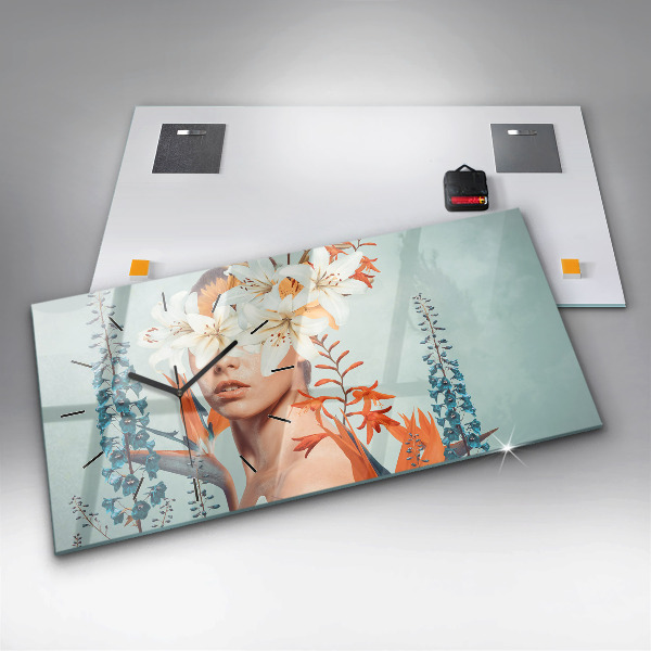 Glass wall clock rectangular Woman with flowers