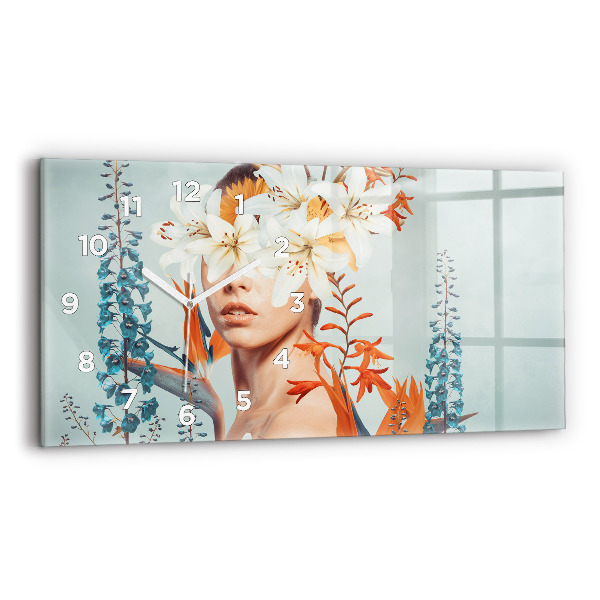 Glass wall clock rectangular Woman with flowers