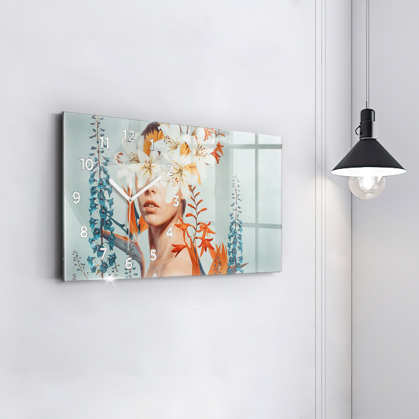 Glass wall clock rectangular Woman with flowers