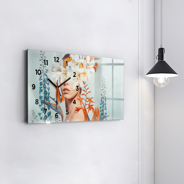 Glass wall clock rectangular Woman with flowers