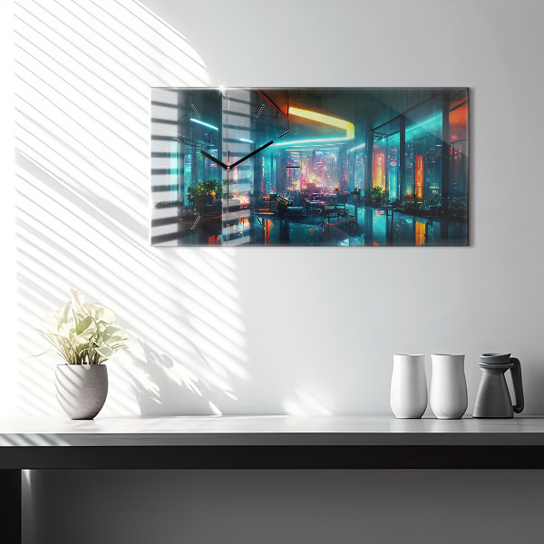 Glass wall clock rectangular Cyberpunk style city
