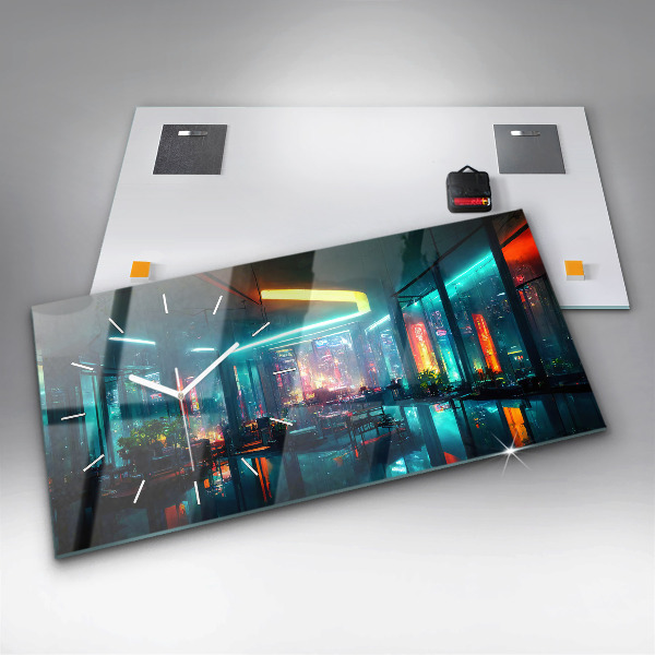 Glass wall clock rectangular Cyberpunk style city