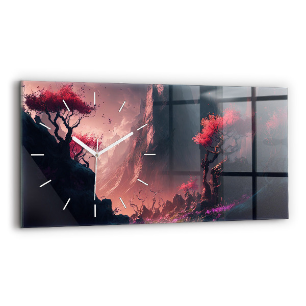 Glass wall clock rectangular Magical forest and mountain range