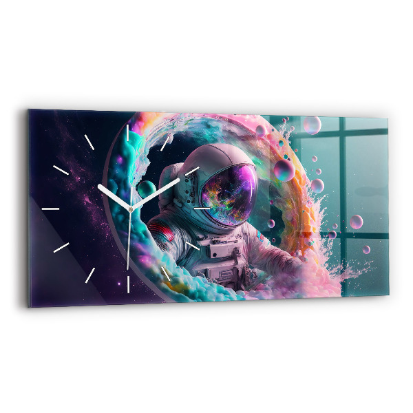 Glass wall clock rectangular Cosmonaut colorful clouds