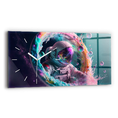 Glass wall clock rectangular Cosmonaut colorful clouds