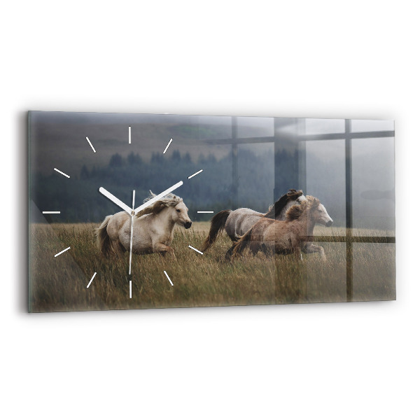 Glass wall clock rectangular Horses at a gallop