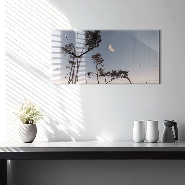 Glass wall clock rectangular Crescent and trees