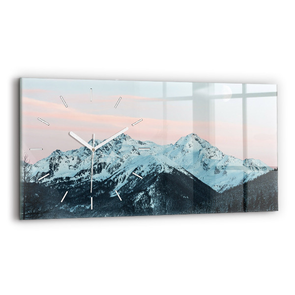 Glass wall clock rectangular Mountain range in winter