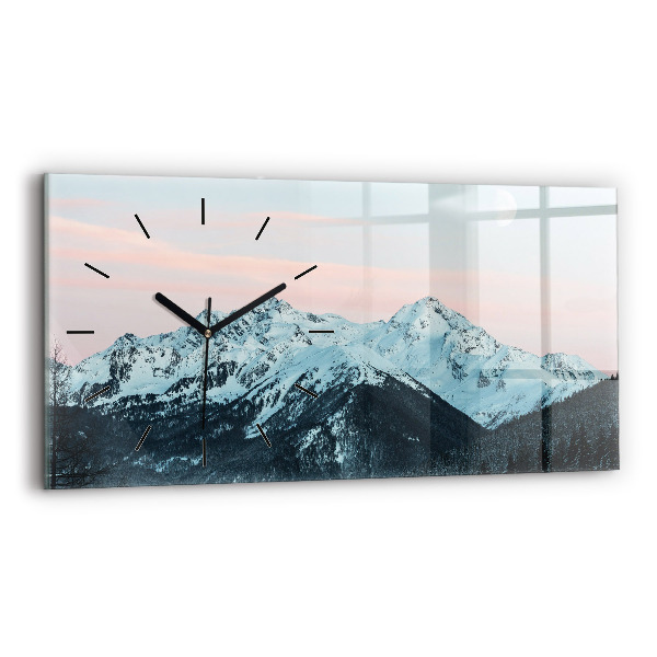 Glass wall clock rectangular Mountain range in winter