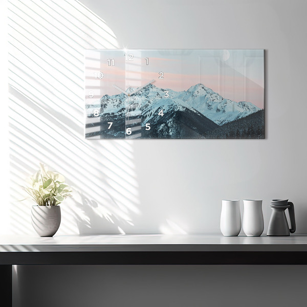 Glass wall clock rectangular Mountain range in winter