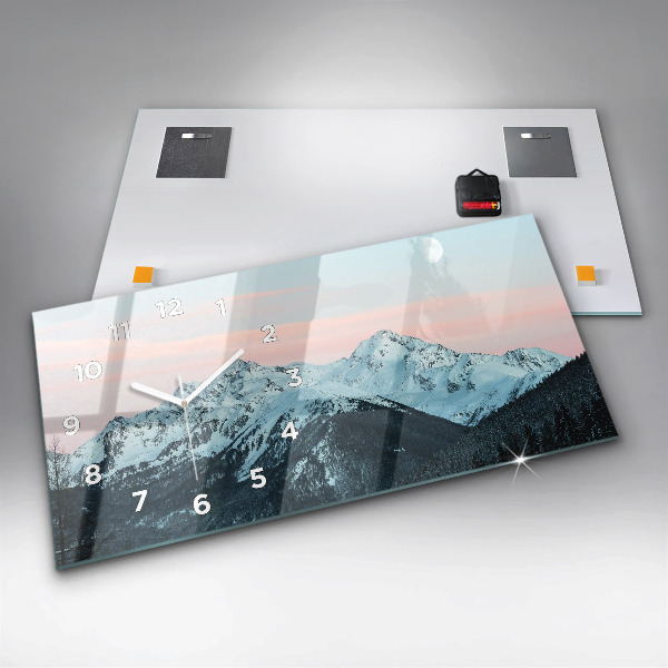 Glass wall clock rectangular Mountain range in winter