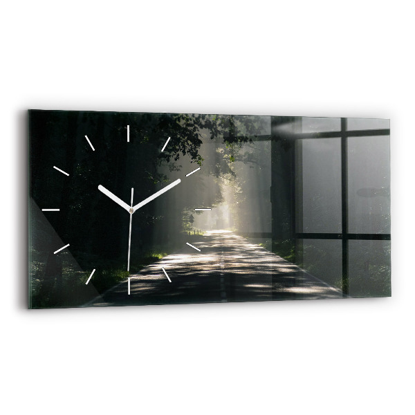 Glass wall clock rectangular Forest road and streaks of sunlight