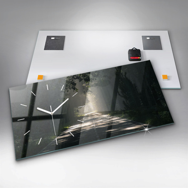 Glass wall clock rectangular Forest road and streaks of sunlight