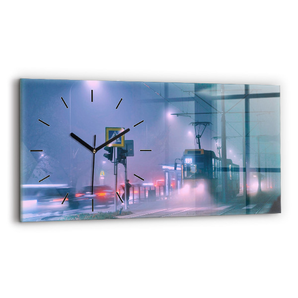 Glass wall clock rectangular Warsaw in the fog