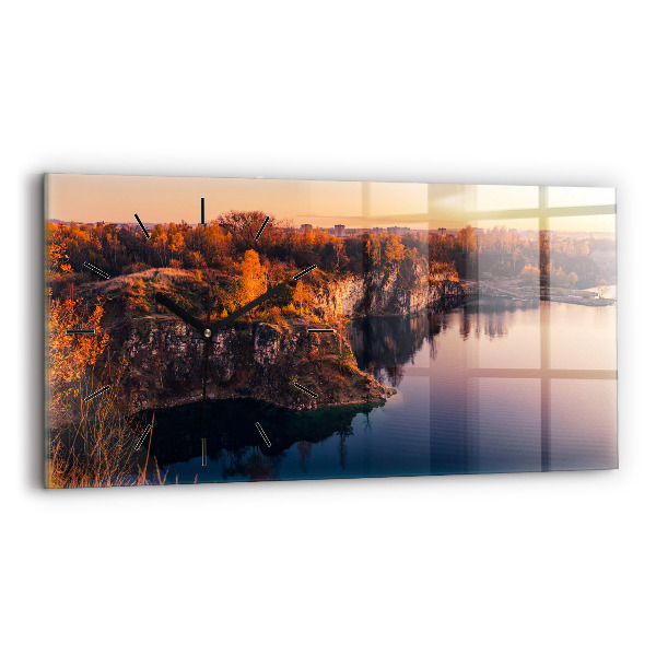 Glass wall clock rectangular Krakow lake Zakrzówek autumn
