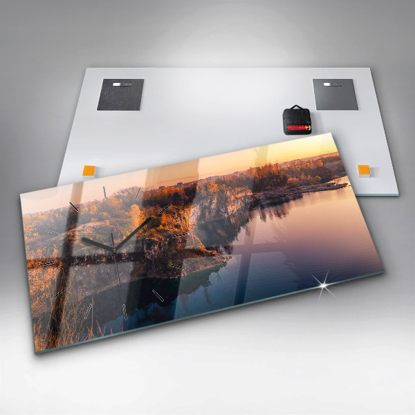 Glass wall clock rectangular Krakow lake Zakrzówek autumn