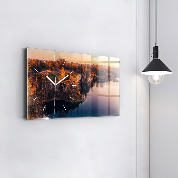Glass wall clock rectangular Krakow lake Zakrzówek autumn