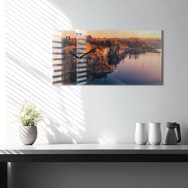 Glass wall clock rectangular Krakow lake Zakrzówek autumn