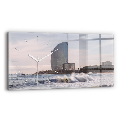 Glass wall clock rectangular Barcelona Surfer