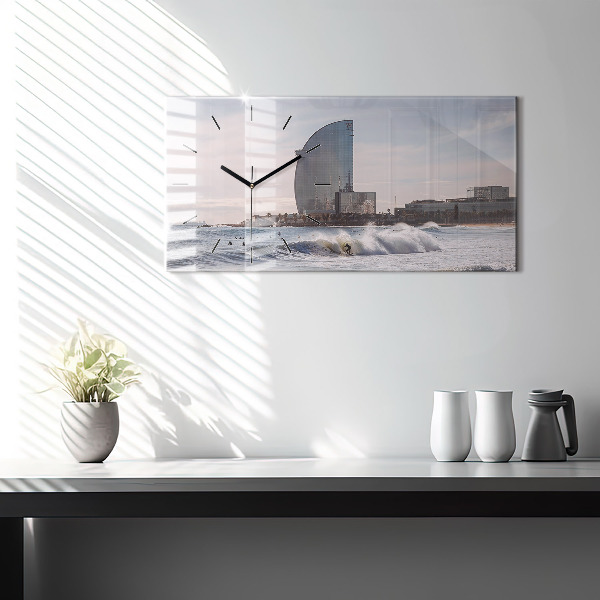 Glass wall clock rectangular Barcelona Surfer