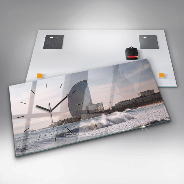 Glass wall clock rectangular Barcelona Surfer