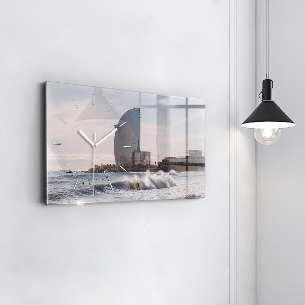 Glass wall clock rectangular Barcelona Surfer
