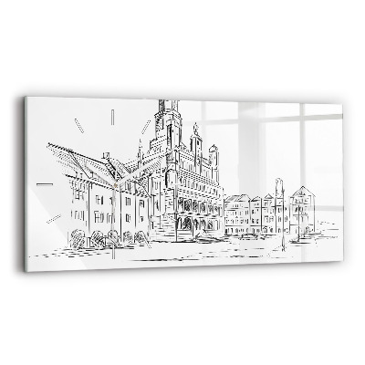 Glass wall clock rectangular Sketch of the old town of Poznań