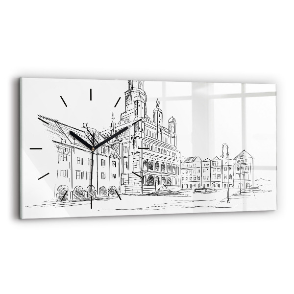 Glass wall clock rectangular Sketch of the old town of Poznań