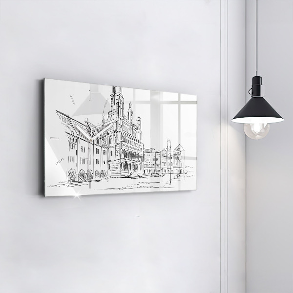 Glass wall clock rectangular Sketch of the old town of Poznań