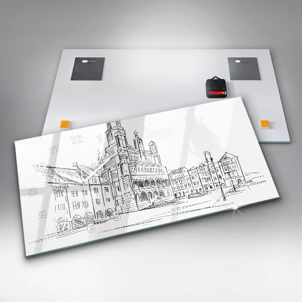 Glass wall clock rectangular Sketch of the old town of Poznań