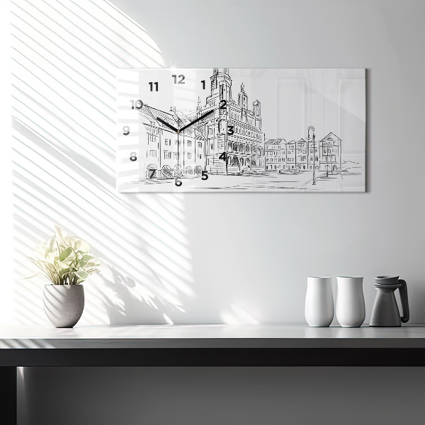 Glass wall clock rectangular Sketch of the old town of Poznań