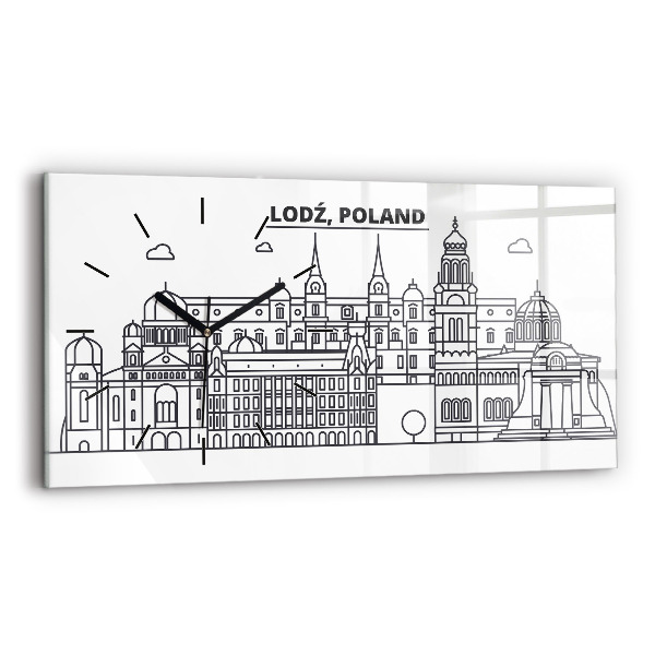 Glass wall clock rectangular Lodz architecture panorama