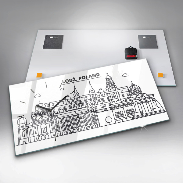 Glass wall clock rectangular Lodz architecture panorama
