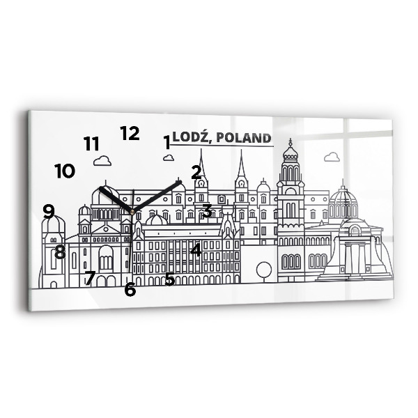 Glass wall clock rectangular Lodz architecture panorama