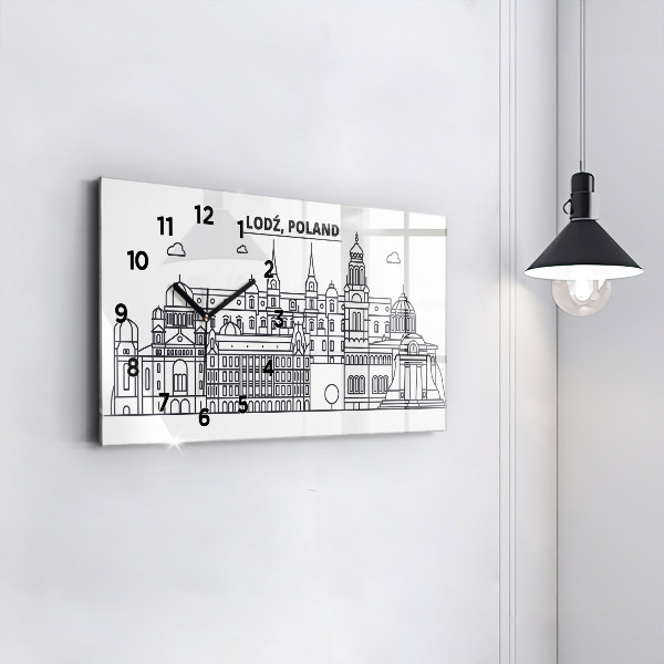 Glass wall clock rectangular Lodz architecture panorama