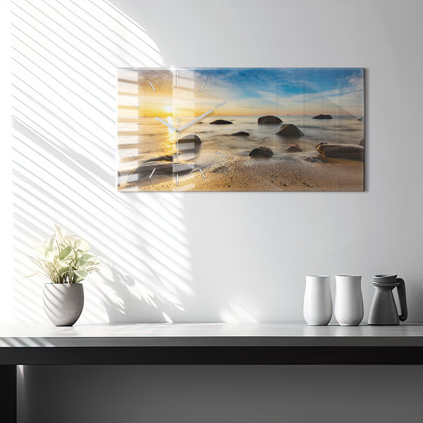 Glass wall clock rectangular Sunrise Baltic Sea
