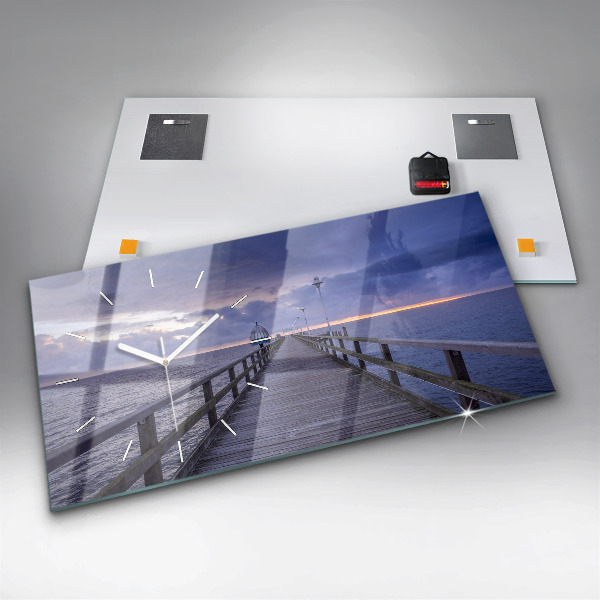 Glass wall clock rectangular Pier on the Baltic Sea