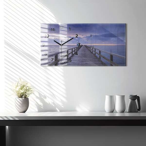 Glass wall clock rectangular Pier on the Baltic Sea