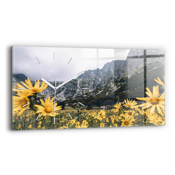 Glass wall clock rectangular Meadow flowers in the mountains