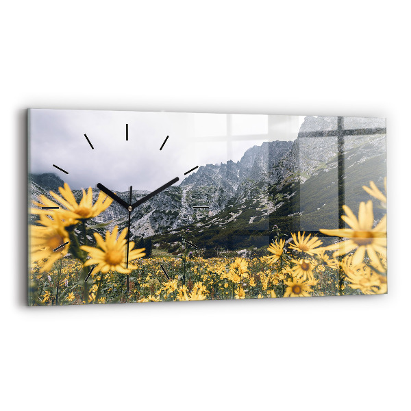 Glass wall clock rectangular Meadow flowers in the mountains