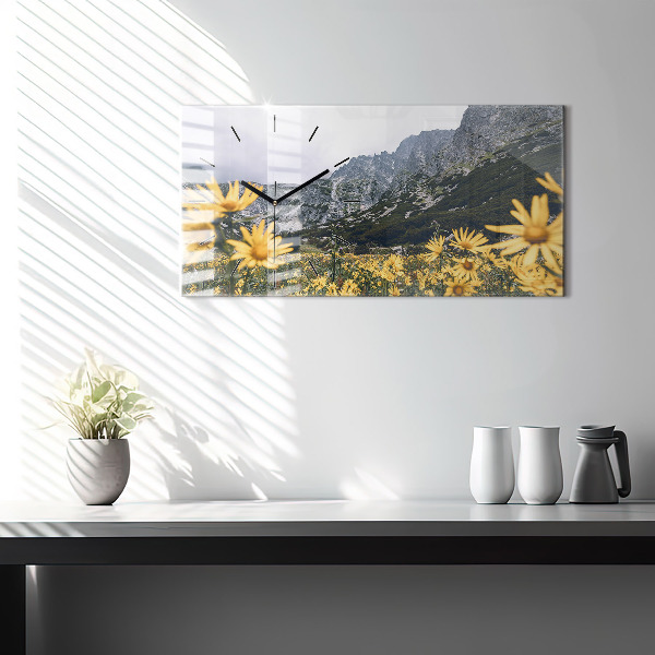 Glass wall clock rectangular Meadow flowers in the mountains
