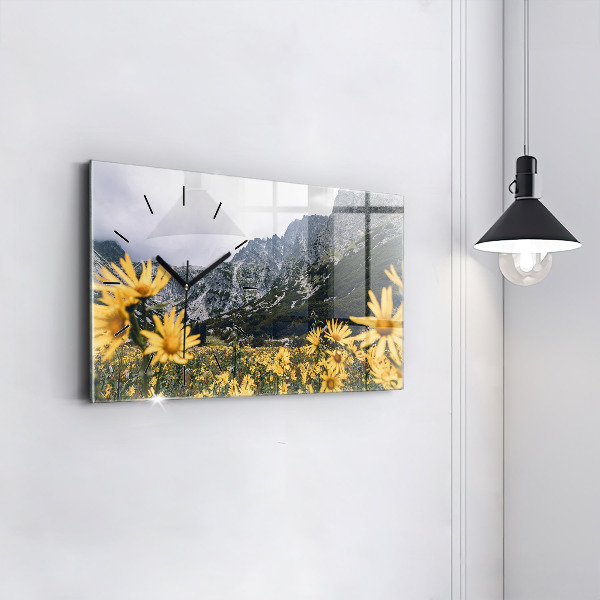 Glass wall clock rectangular Meadow flowers in the mountains