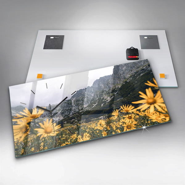 Glass wall clock rectangular Meadow flowers in the mountains