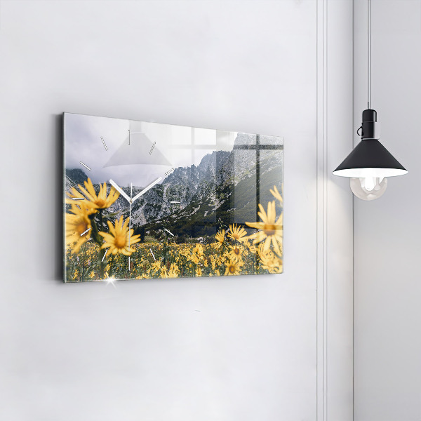 Glass wall clock rectangular Meadow flowers in the mountains