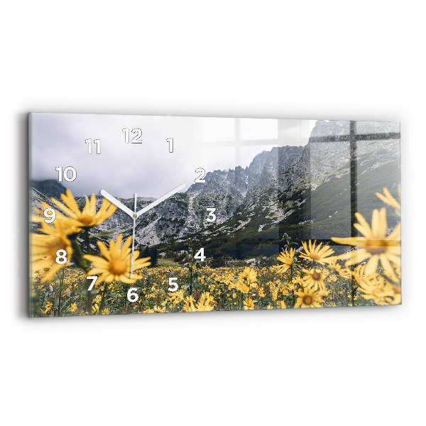 Glass wall clock rectangular Meadow flowers in the mountains