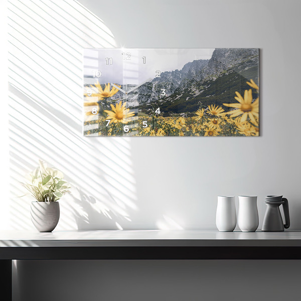 Glass wall clock rectangular Meadow flowers in the mountains