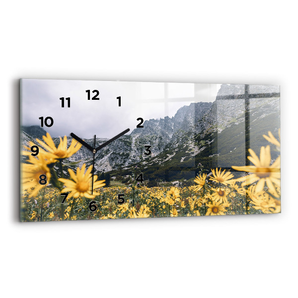 Glass wall clock rectangular Meadow flowers in the mountains