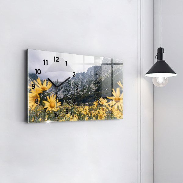 Glass wall clock rectangular Meadow flowers in the mountains