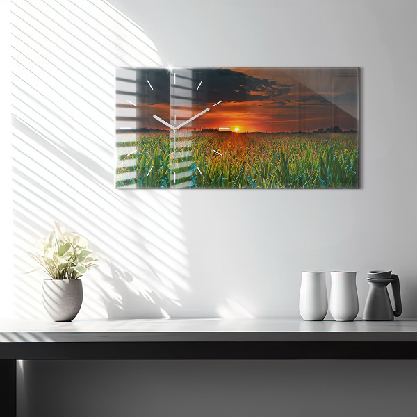 Glass wall clock rectangular Sunflowers in the meadow